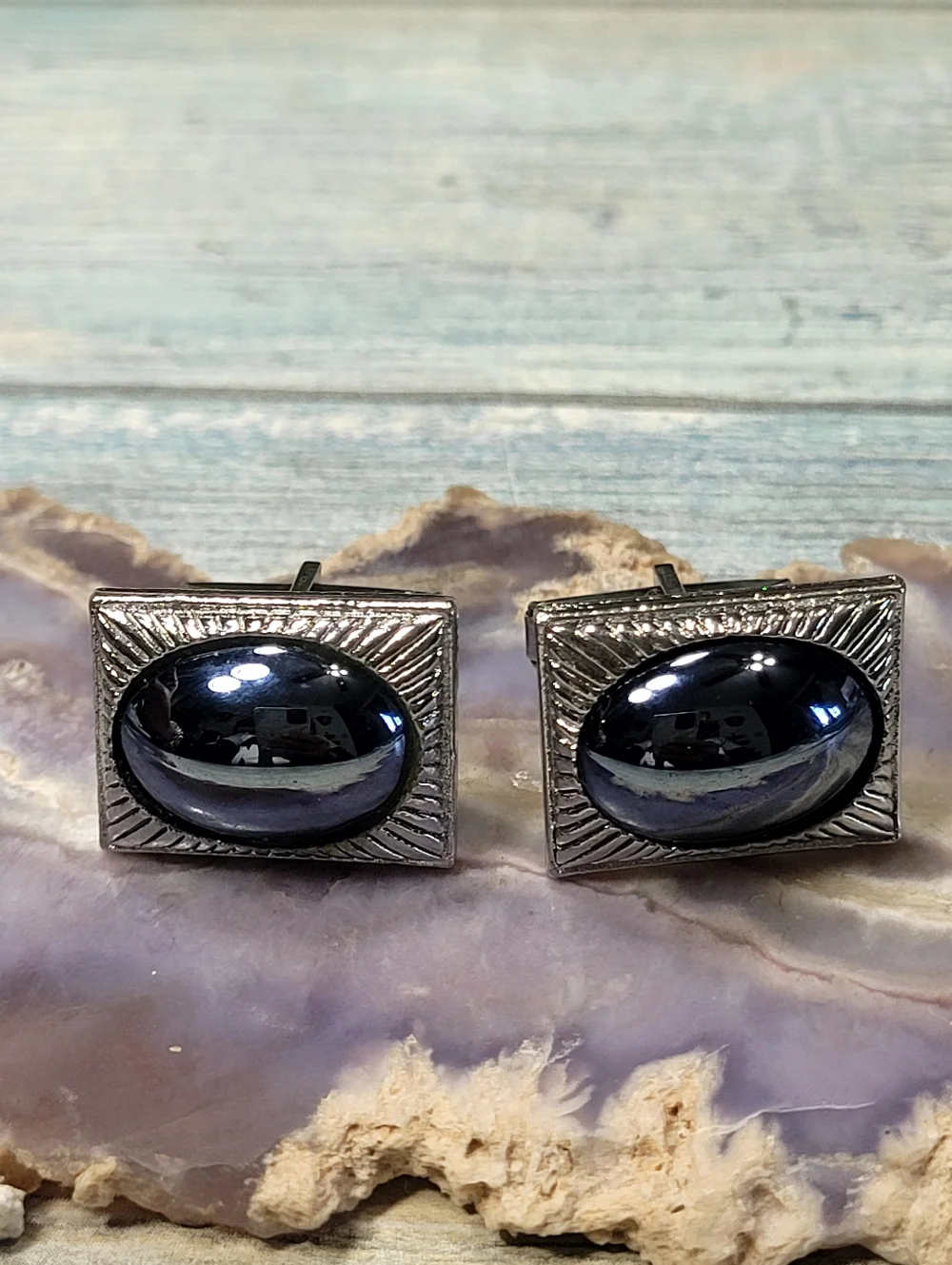 Silver-Tone Black Stone Rectangular Cufflinks - Men Accessories